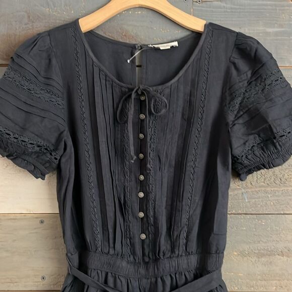 American Eagle Cotton Linen Blend Laced Jumpsuit Romper Short Sleeves M Black - Picture 4 of 15